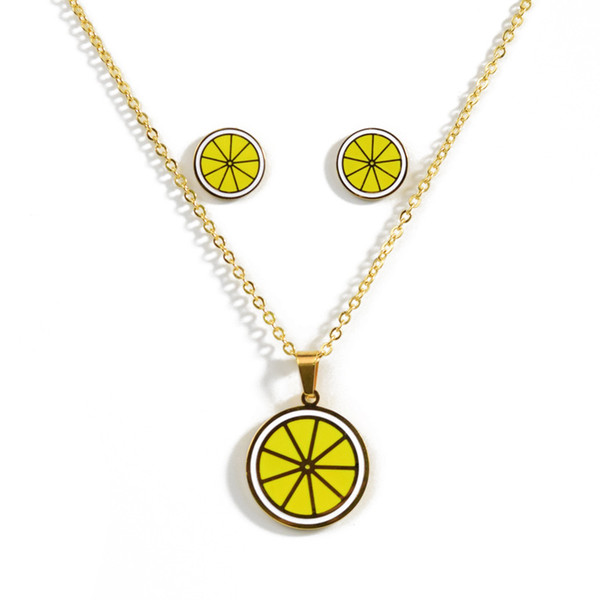 lemon pendant necklace earrings set suitable for ladies and children titanium steel fruit necklace jewelry