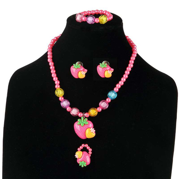 Fashion Pearl Children's Strawberry Necklace Set Hair Accessories Cartoon Girl Necklace Earrings Four-piece Jewelry