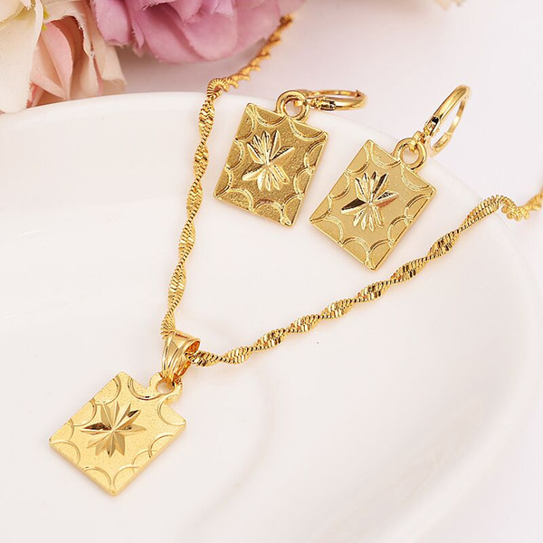 african dubaii india arab Fashion Shield Pendant Necklace Set Women Party Gift Solid Gold Filled square Earrings Jewelry Sets