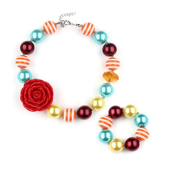 Bohemian Children Girl's Color Beads Necklace and Bracelet Kit Red Flower Resin Pendant Jewelry Set Baby Necklace Bracelet