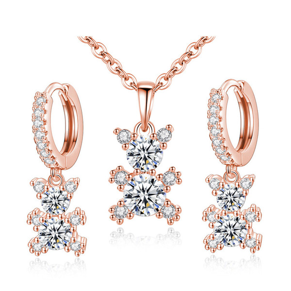 Cute Animal Jewelry Sets 18K White/Rose Gold Plated Cubic Zircon Bear Hoop Earrings Rolo Chain Pendant Necklace for Women Girls