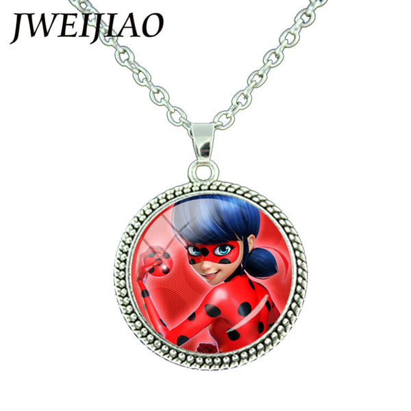 TAFREE Miraculous Ladybugs Glass Gems Pendant Necklace Silver Color Round Charms Lady Bug Girl and Black Cat Necklace LB54