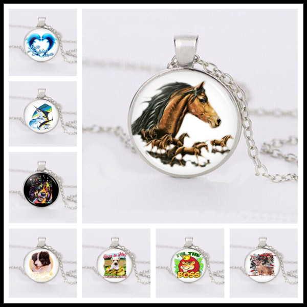 2018 Glass Necklaces, Horse, Dog, Lion, Love You Dolphins Silver Cabochon Time Gemstone Necklace Pendant Jewelry for Woman Man Child Baby