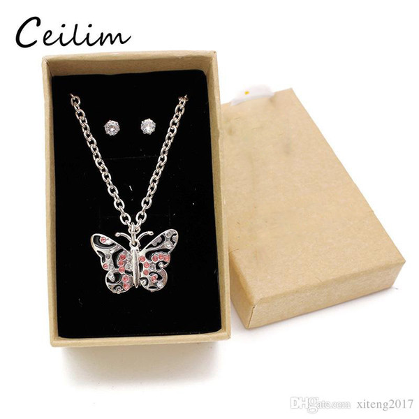 2018 Cute Kid Jewelry Set Butterfly Necklace Women Silver Chain Pink Rhinestone Necklace For Girls Daughter Christmas Children Gift With Box