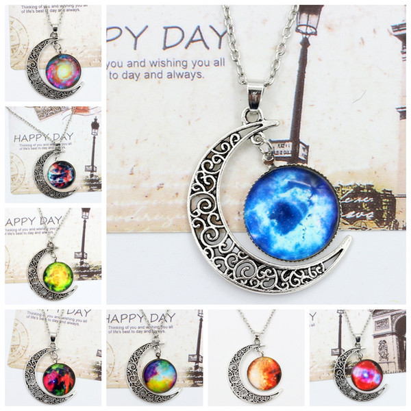 Vintage Moon Phase Pendant Necklace 36 Styles Starry Sky Moon Face Outer Space Dark Universe Starry Camo Gemstone Pendant Necklaces