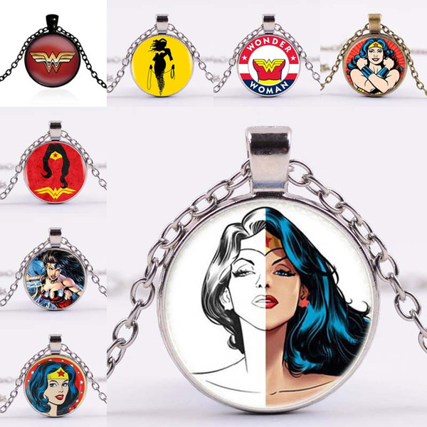 Wonder Woman Necklace Crystal Glass Cabochon Necklace Pendants with Silver Bronze Chain Fashion Super Heroes Jewelry for Women Kids 162463