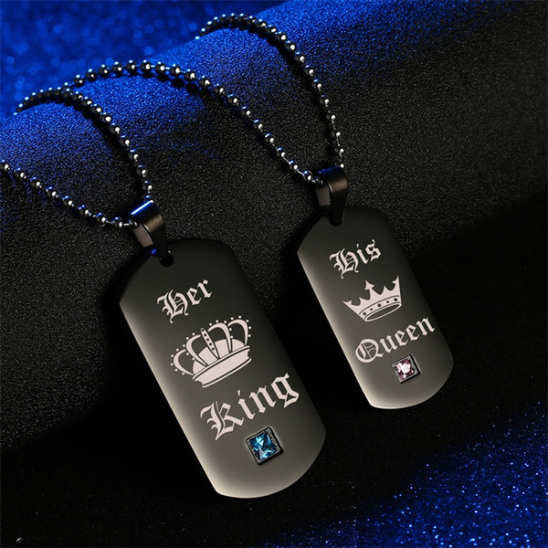 Wholesale Utop2012 Her King & His Queen Couple Necklaces with Box Black Stainless Steel Tag Pendant Necklace with Stone for Gift