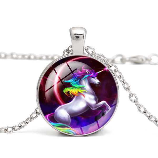 Unicorn Pendant Necklace Rainbow Glass Cabochon White Horse Necklaces DIY Handmade Animals Charm Jewelry Children Friends Gifts Wholesale