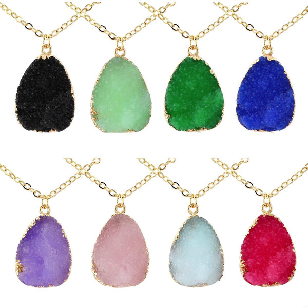 Fashion Natural Stone Pendant Necklaces Anomalistic Druzy Chakra Bead Gemstone necklace Gold chains For women Bohemia Jewelry