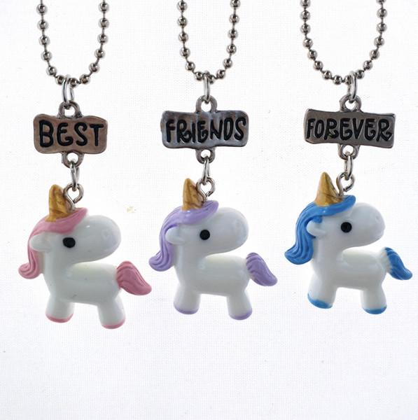 Children Unicorn Horse Necklace best friends forever Pendant Chain Plated White Gold kids jewelry Colorful Gift Accessories