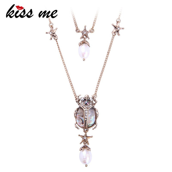 KISS ME Crystal Resin Cultured Pearl Beetle Insect Pendant Necklace Double Layers Necklaces for Women Brand Jewelry