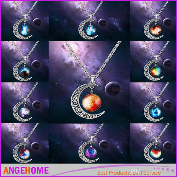 12 colors Vintage moon necklace starry Moon Outer space Universe Gemstone necklaces pendants Chain jewelry Children Accessories Mix Models