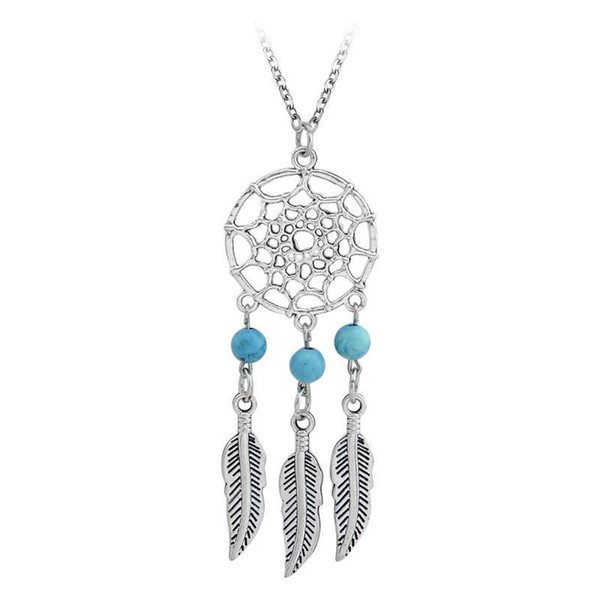 Ancient Silver Indian Dream catch Tassel Feather Pendant Necklace Necklaces for Women Hope Turquoise Dreamcatch Jewelry Gift