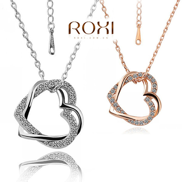 FG ROXI Brand Jewelry Double Heart Pendants Crystal Necklace Gold-plated/Silver Chain Contemporary Inlay Necklace Women 2030025425