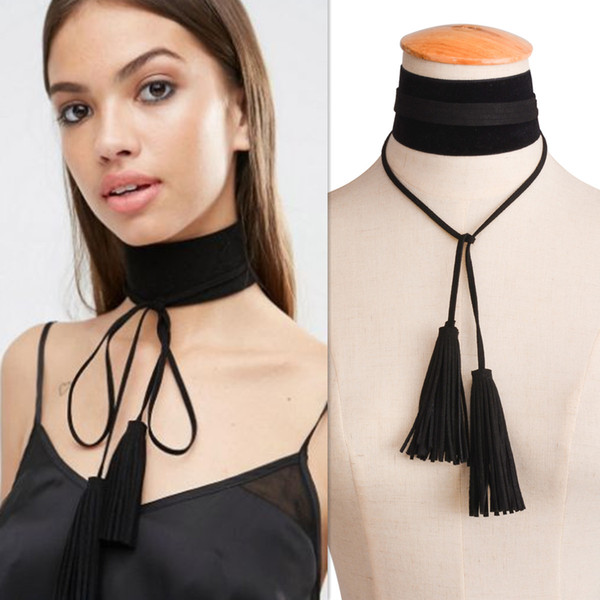 Women Gothic Neck Band Necklace Tassels Pendant Choker Handmade Velvet Collar Neckwear Jewelry Black And White