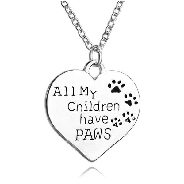 All My Children Have Paws Letter engraved Chain necklace Pet Lover Dog cat Paw Print Tag Silver Heart Pendant Necklace children necklaces