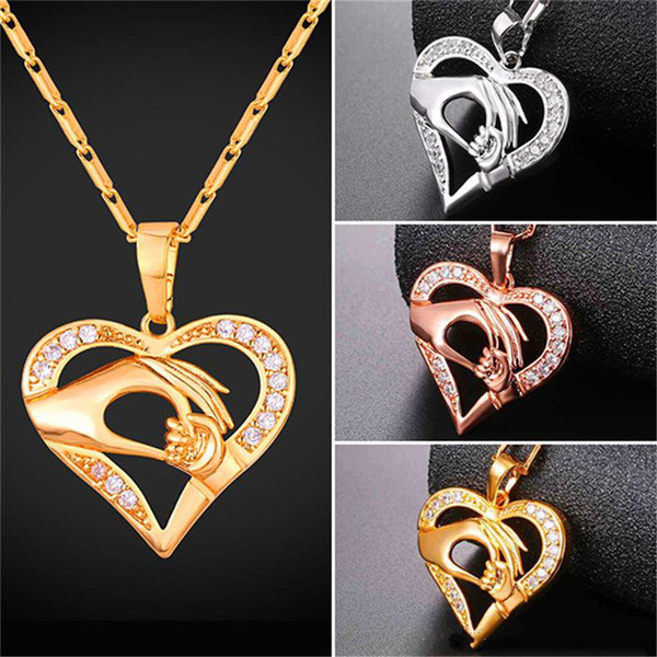 U7 Jewelry Mom Baby Hand in Hand Pendant Necklace Hollow Design Gold/Platinum/Rose Gold Plated Jewelry Lover Perfect Gift For Mom P2595