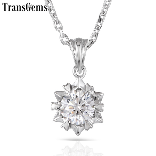 Transgems 1ct 6.5mm H Color Moissanite Pendant Necklace Platinum Plated Silver With Platinum Plated Silver Chain For Women J 190427