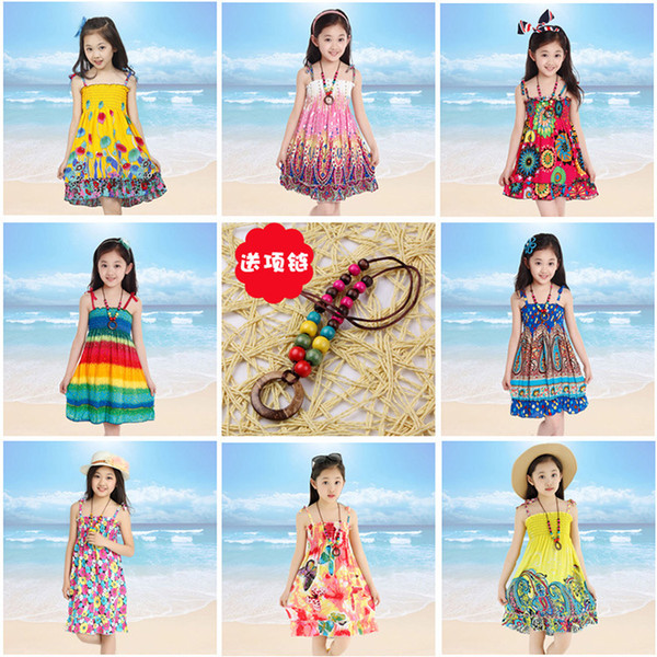 Baby Rainbow Beach Dress Long Bohemian Dress Kids Princess Flower Dresses With Necklace Girls Sleeveless Cotton Dresses Floral Sundress 10 l