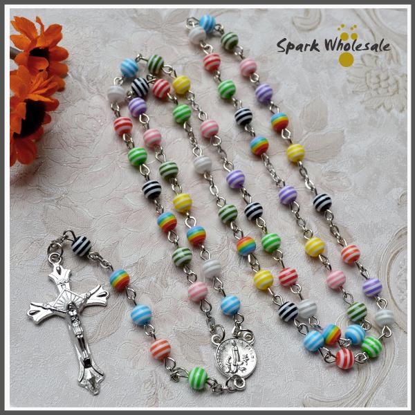 Free shipping 6mm Religious Kid's Rosary Multi Color 6mm Stripe Resin Rosary Rainbow Children's Communion Baptism Rosary