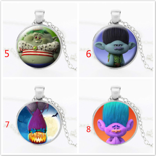 Carton Trolls poppy Branck Glass Cabochon Necklace Time Gemston dome Pendant Jewelry for women Kid Gift silver bronze black