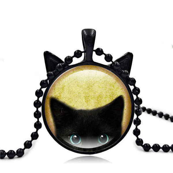 New Pattern Ornaments Restore Ancient Ways Black Cat Time Jewel Necklace The Cat Glass Pendeloque Cut Sweater Chain