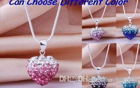 new fashion hotsale mircro pave disco Mixed Colors beads clay heart silver plated crystall Crystal necklace gradual change pendant r62