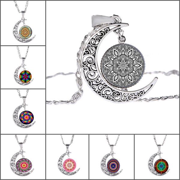 Fashion Moon Pendant Necklace Vintage Silver Color Chain Necklace Mandala Flower Art Picture Glass Cabochon Necklace