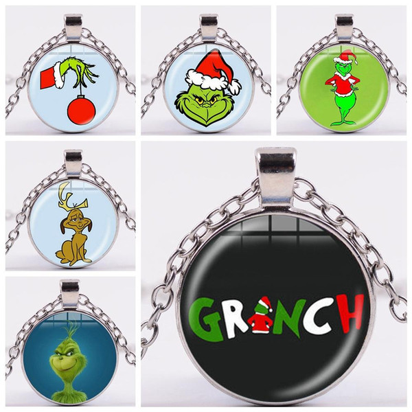 Cartoon The Grinch Necklace Christmas Grinch Glass Cabochon Necklace Pendants Fans Cosplay Fashion Jewelry Drop Shipping