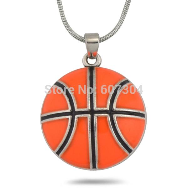 Retail 10Pcs/lot Zinc Alloy Metal Plating Single-sided Enamel Orange Basketball Sports Pendant Necklaces