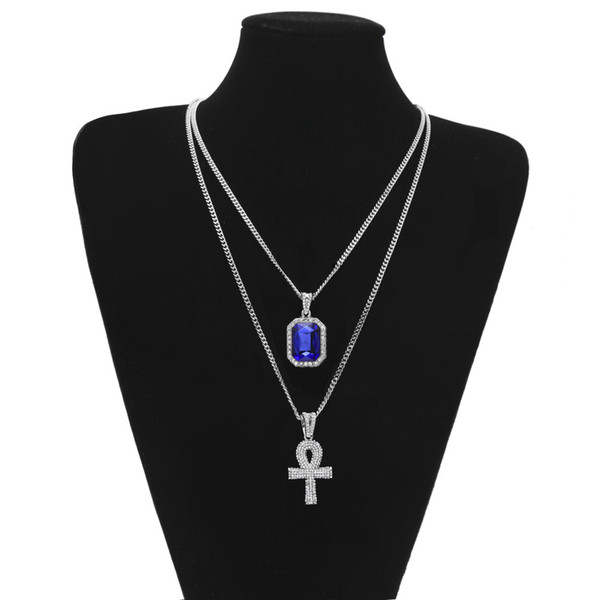 New Hip Hop Jewelry Egyptian large Ankh Key pendant necklaces Sets Mini Square Ruby Sapphire with Cross Charm cuban link For mens Fashion