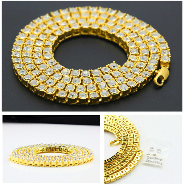 Hip Hop Gold Chain 1 Row Rhinestone Hip-Hop Necklace Chain 30inch Mens Gold Tone Iced Out Punk Necklace