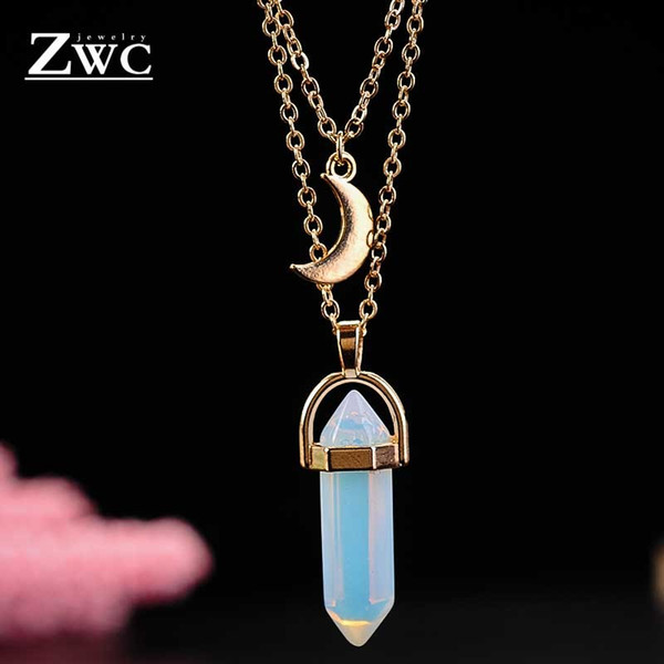 ZWC Fashion Charm Natural Stone Moon Double Pendant Necklace For Woman Man Girl Retro Personality Necklace Jewelry Gift