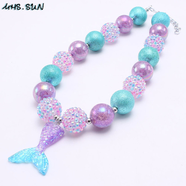 Princess Girl Kid Chunky Necklace Purple+Blue Color Cartoon Mermaid Tail Pendant Bubblegum Chunky Beads Necklace Girl Children Jewelry