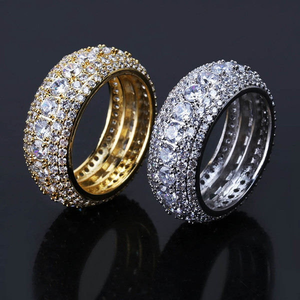 Size 6-12 Whosale HipHop 5 Rows Luxury Cubic Zircons Ring Fashion Gold Silver Males Finger Rings