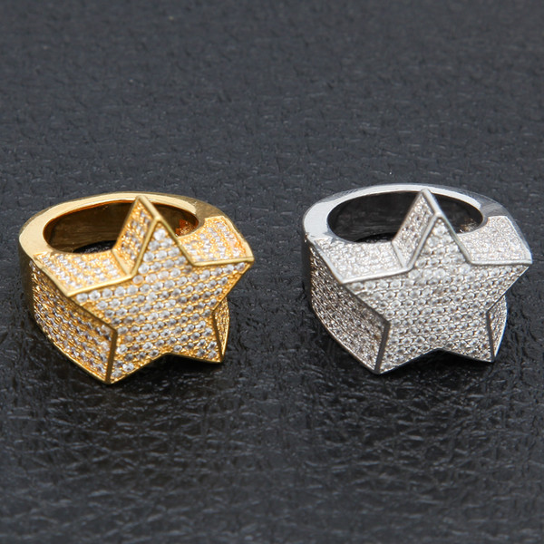 Men Copper Gold Silver Color Plated Exaggerate High Quality Iced Out Cz Stone Star Shape Ring Jewelry