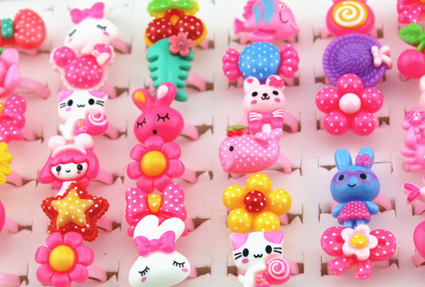 Jewelry Wholesale 100pcs/lot Baby Girl Mixed Lovely Candy Color Animals Flower Cartoon Rings Cute Kids Rings for Christmas gift MR124