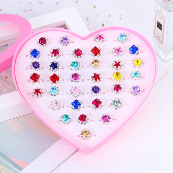 36pcs/Box Sterling Silver S925 Diamond Gemstone Ring With Heart Box For Children Christmas Gift Cute Adjustable Open Rings