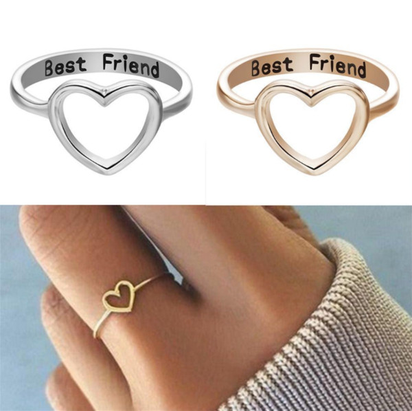 Silver& Gold Unique Best Friend Heart Hollow Ring Elegant Love Friendship Rings Women Party Jewelry Accessories Gifts Wedding Bands