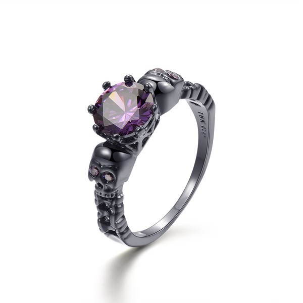 Punk Skull Ring Big Round Purple Crystal Zircon Rings For Women and Men Vintage Black Ring Jewelry