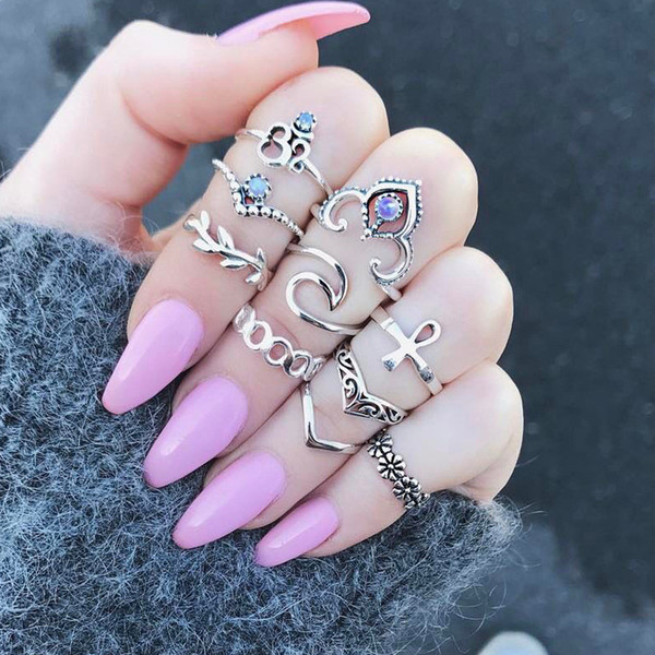 Vintage Knuckle 10 pieces/set Rings for Women Boho Geometric Flower Crystal Ring Set Bohemian Midi Finger Jewelry Bague Femme