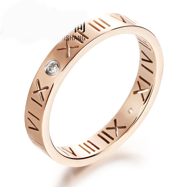 Rose Gold Personalized Rings Engraved Roman Numerals Titanium Steel Rings With Rhinestone Fashion Fine Jewelry For Women