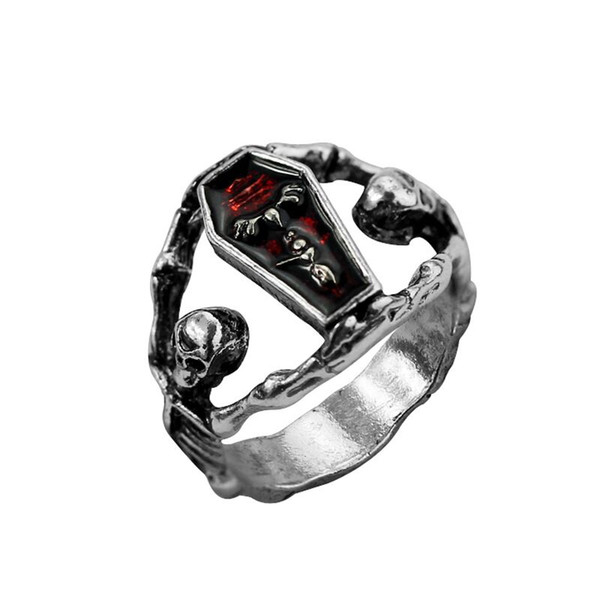 Retro Silvery punk party men Halloween vampire casket ring The Vampire Diaries coffin ring skull skeleton rings for women 2018 hot j449