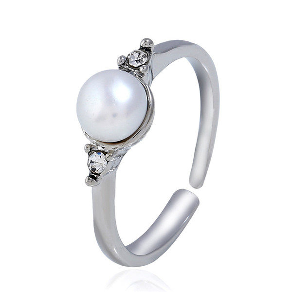 Best price round imitation pearls jewelry rings free size silver plated alloy material women jewelry wedding ring yiwu factory wholesale