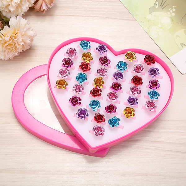 aluminum Resin Ring Mixed Batch Fashion Color Flower Hand Ring,36peice/heart gift boxes