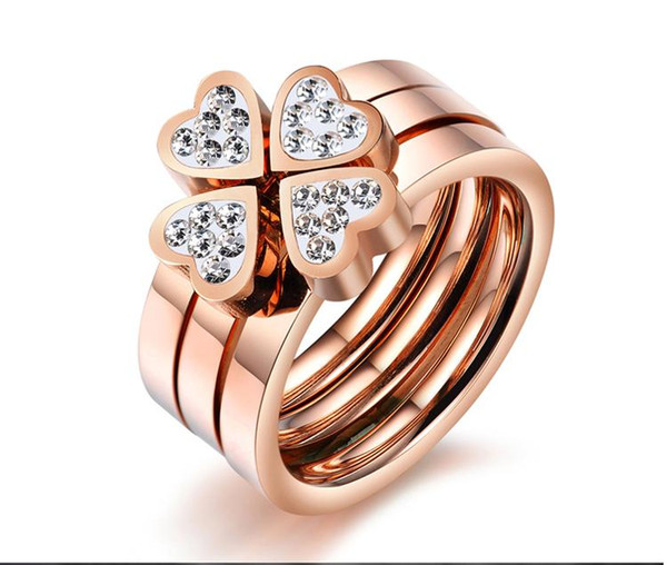 Mixed batch of Korean jewelry happiness Clover temperament rose gold diamond triple love titanium steel ring female