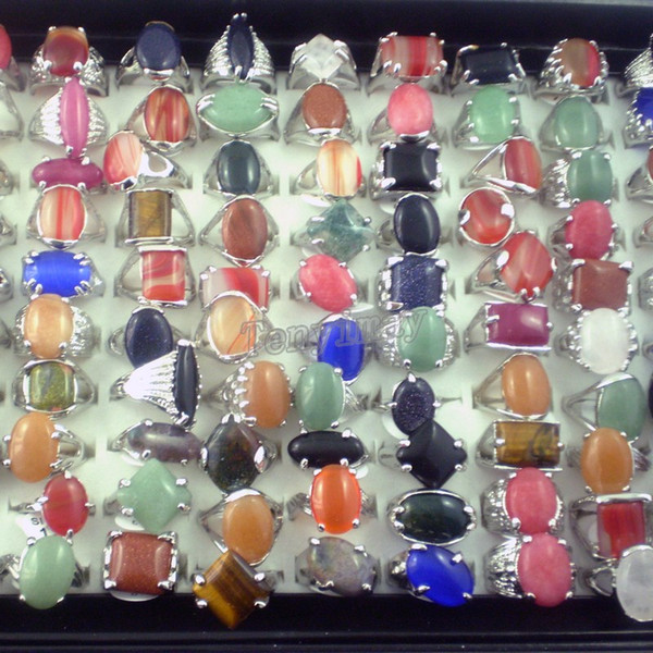 Natural gemstone rings free shipping mixed size fashion costume rings women's finger rings pack of 50pcs