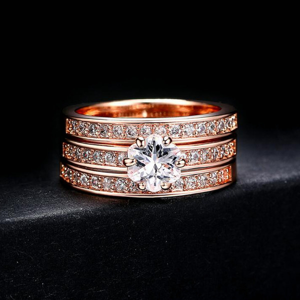 Euro-American fashion three-tier Ring sets zircon rose-plated gold women's ring Engagement Jewelry party dress accessories