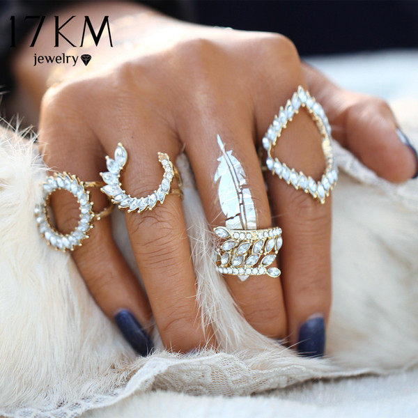 Wholesale- 17KM Hot Turkish Vintage Punk Ring Set Punk Crystal Flower Gold Color Rings For Women/Men Midi Finger Ring 4 PCS Ring Set