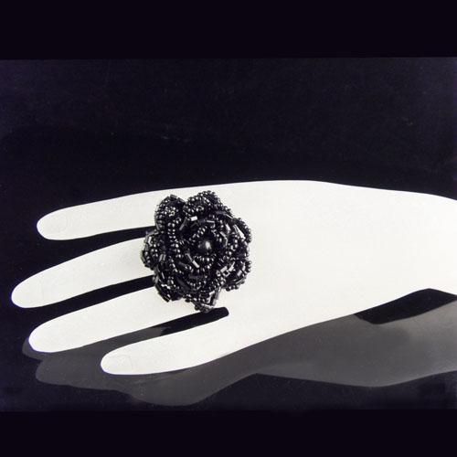 Black Flower beads stretch ring for women | Beaded jewellery handmade elastic ring , fashion in Australia , RN-258